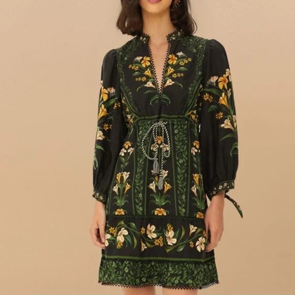 FARM Rio | Dresses | Farm Rio Flowers Arch Linen Blend Mini Dress Size Xxs  Nwt | Poshmark